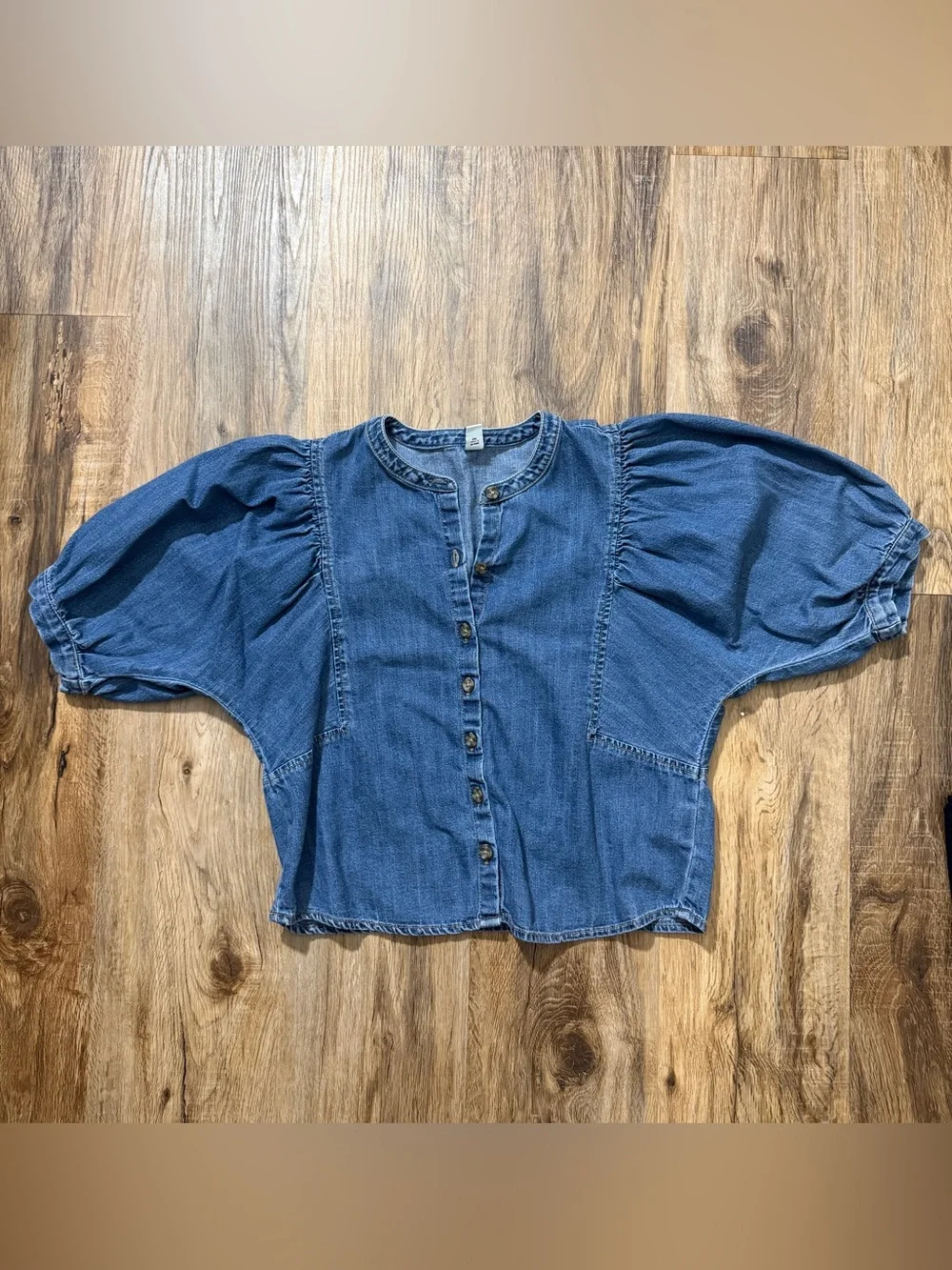 Old Navy Chambray Denim Puff Sleeve Button Front Top XS